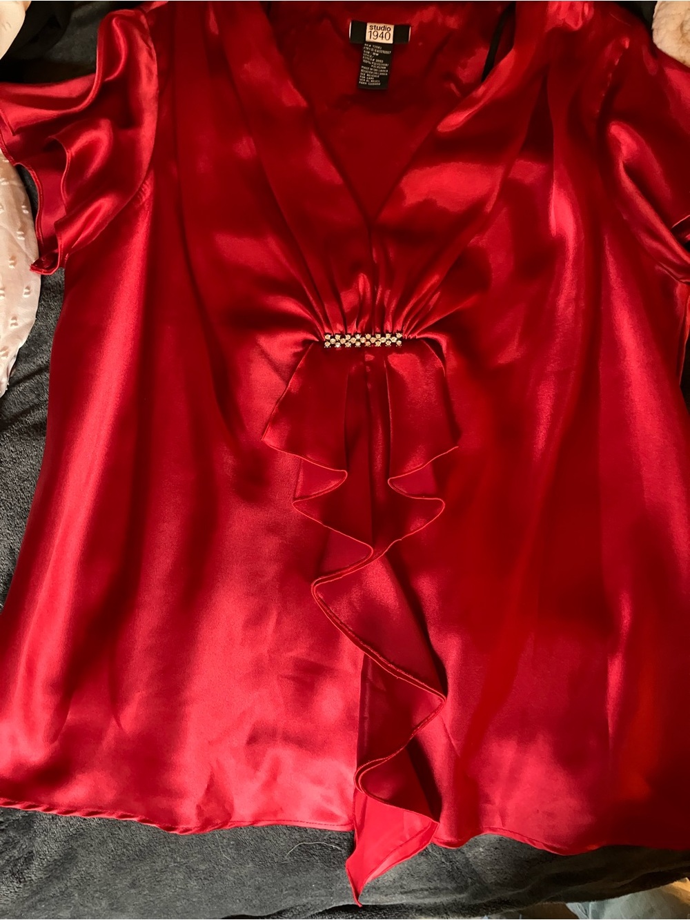 Studio 1940 Red Satin Ruffle Front Blouse with Rhinestone Accent